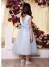Pearl Neck Sky Blue Satin Polka Dot Tulle Flower Girl Dress
